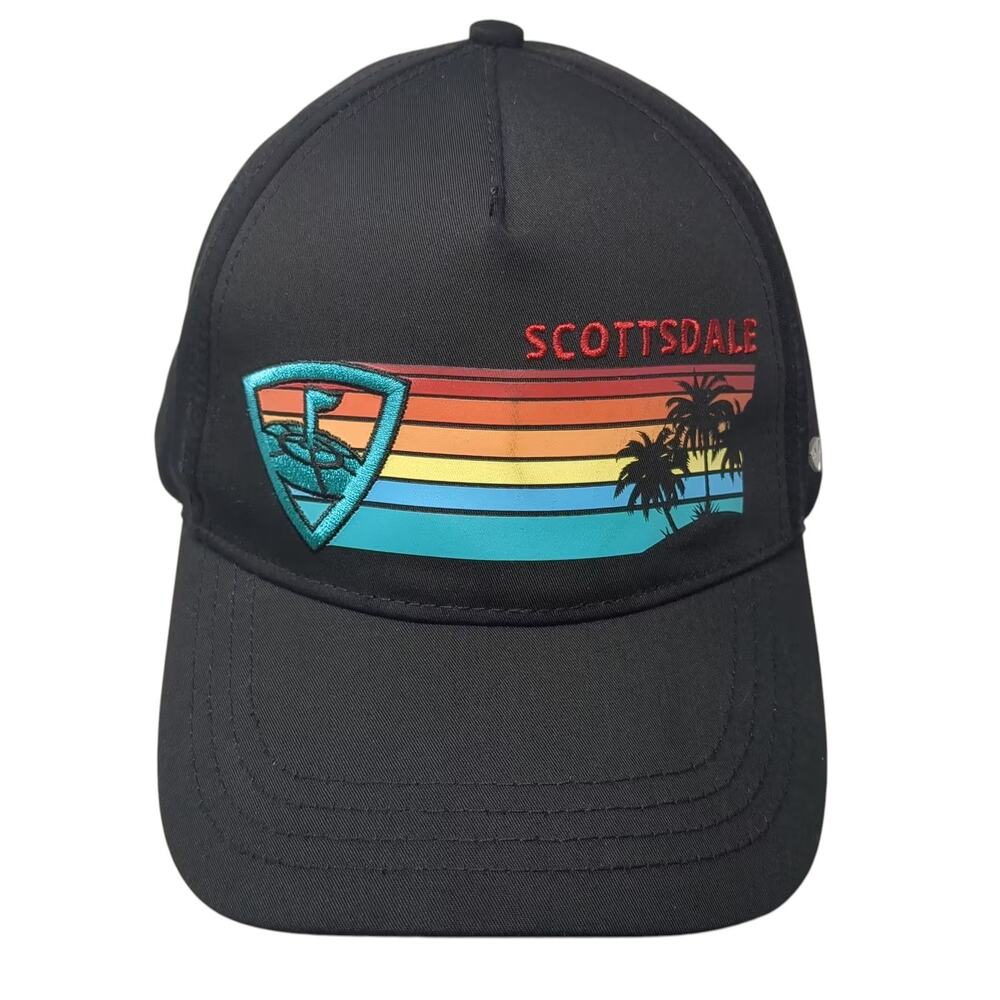 Topgolf 5 Panel Hat Black Blue Scottsdale Retro Sunset Palm Trees OS Adjustable